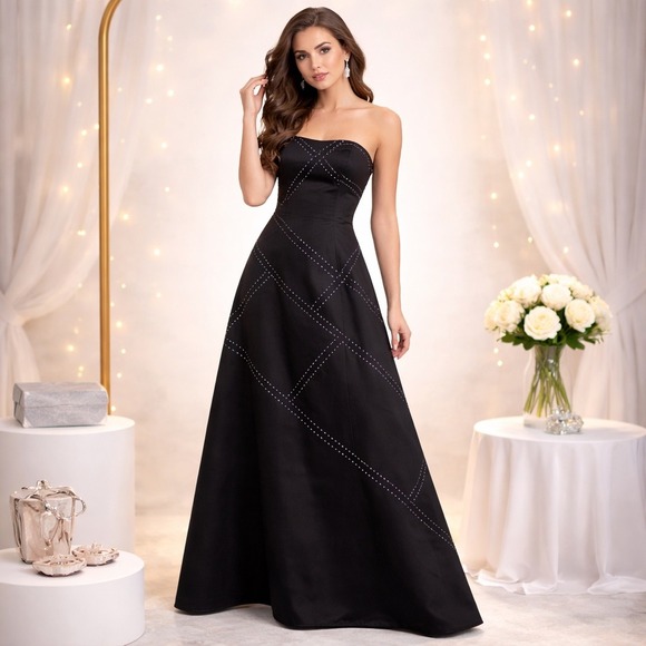 Jessica McClintock Dresses & Skirts - Jessica McClintock Vintage Prom Black Satin Strapless Rhinestone Gown Size 8